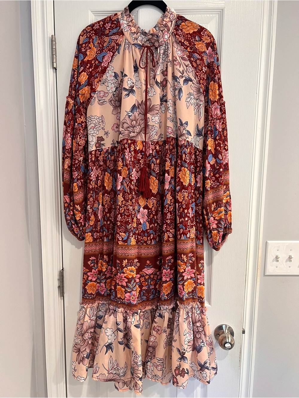 Umgee Mixed Print Boho Floral Tiered Long Sleeve Midi Dress Blush Burgundy Flowy